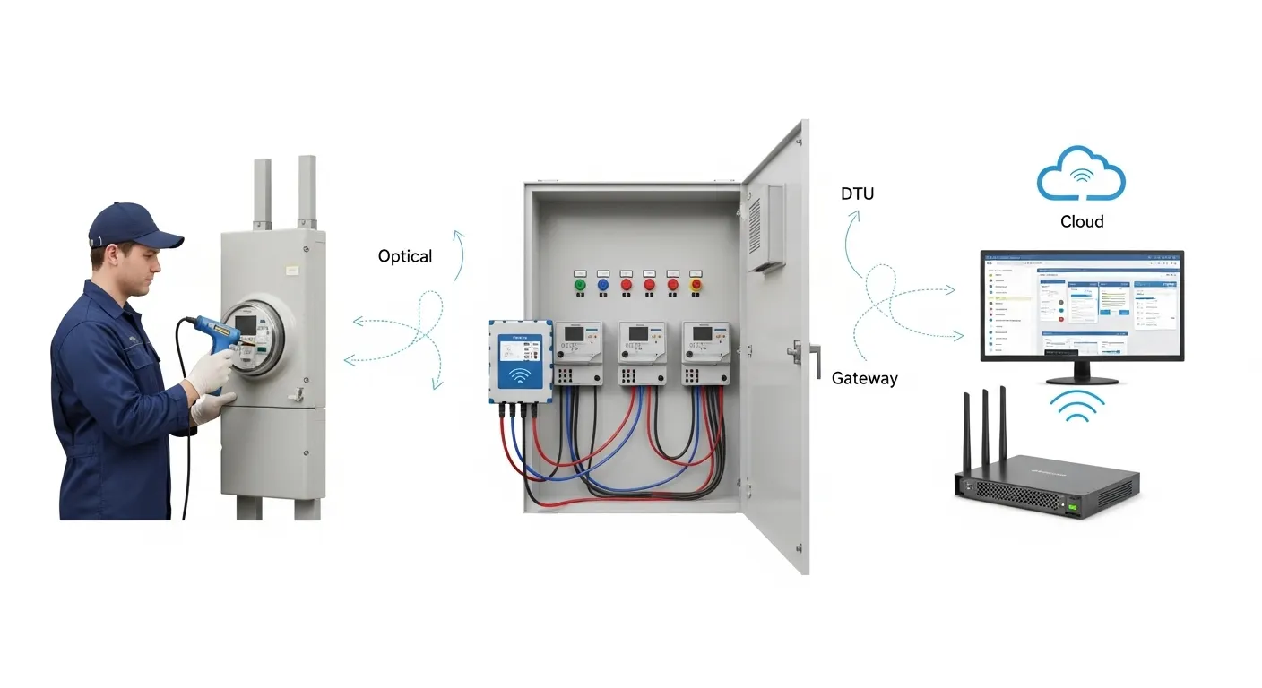 AMR meter reading deployment patterns with optical probe, DTU, industrial gateway, and cloud dashboard