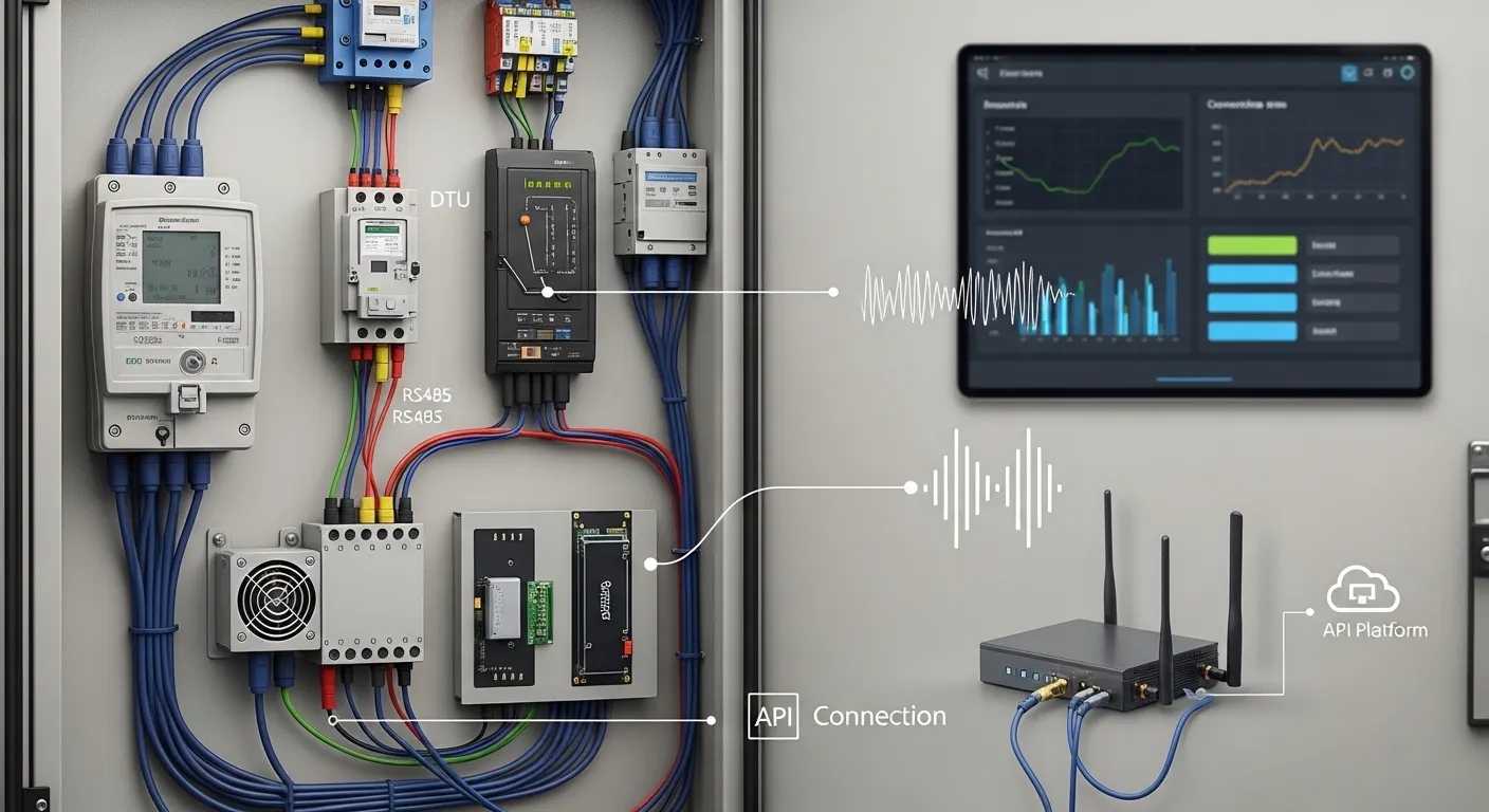 Industrial cabinet with smart meter, DTU, router, gateway, antennas, and remote monitoring dashboard for deployment planning