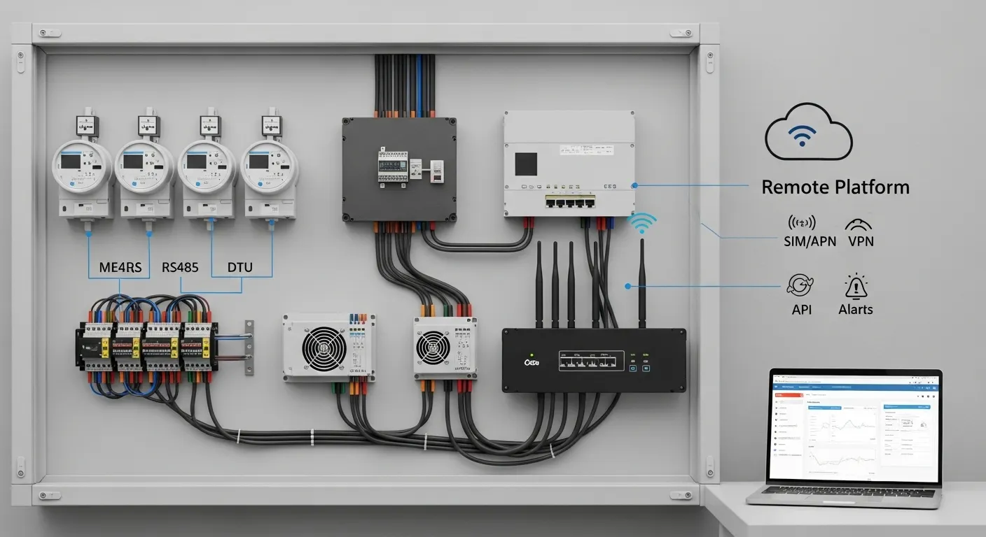Industrial AMR cabinet with smart meters, DTU, gateway, antennas, and remote monitoring dashboard