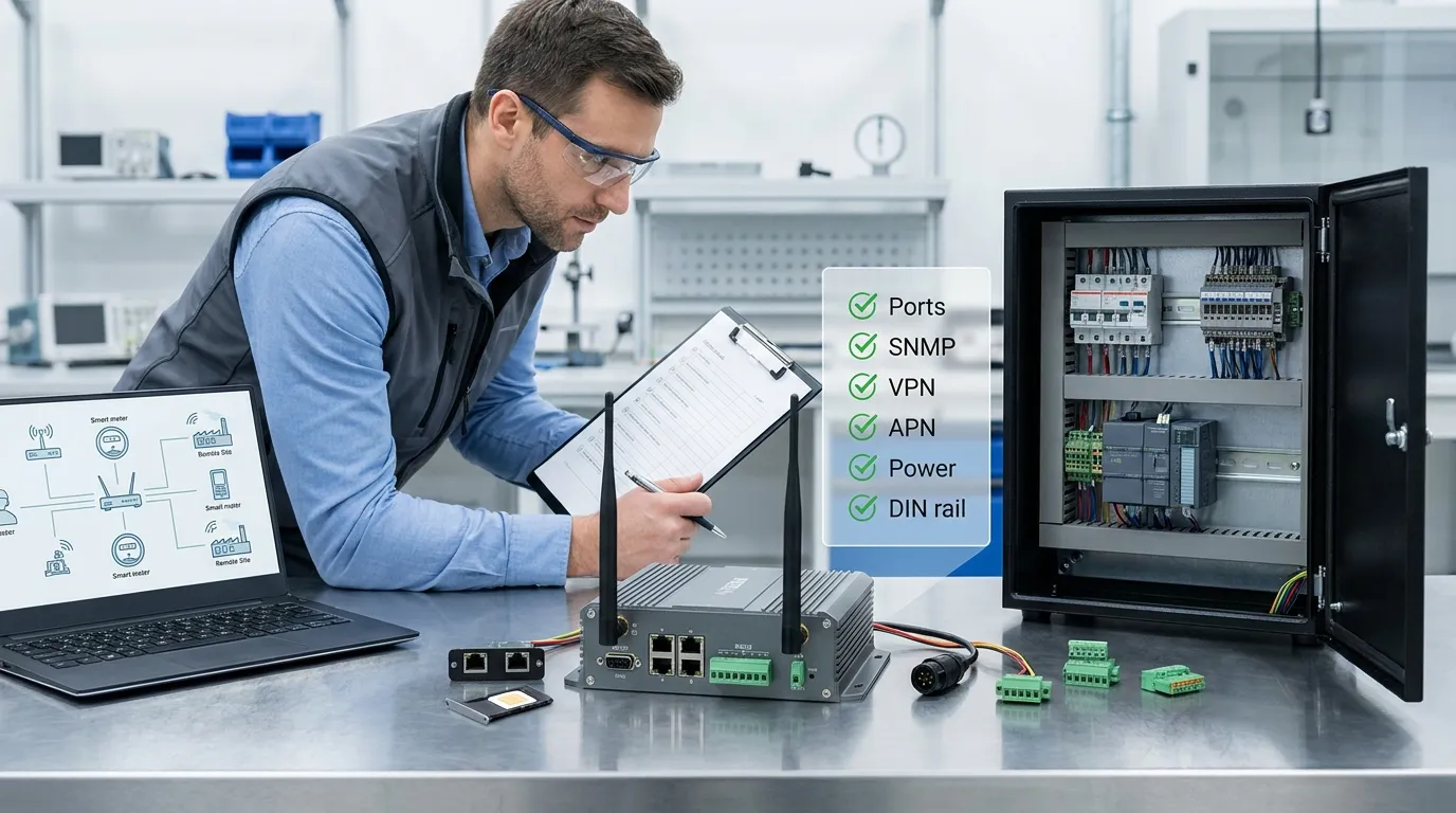 Engineer reviewing industrial wireless router specs including SNMP, VPN, APN, serial ports, power and DIN rail requirements