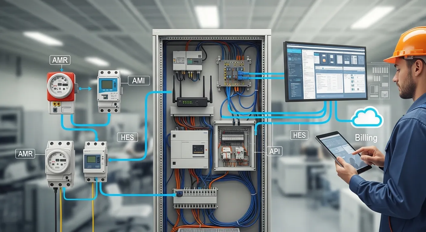 AMR and AMI field devices connected to an MDM dashboard through industrial router, gateway, and control cabinet