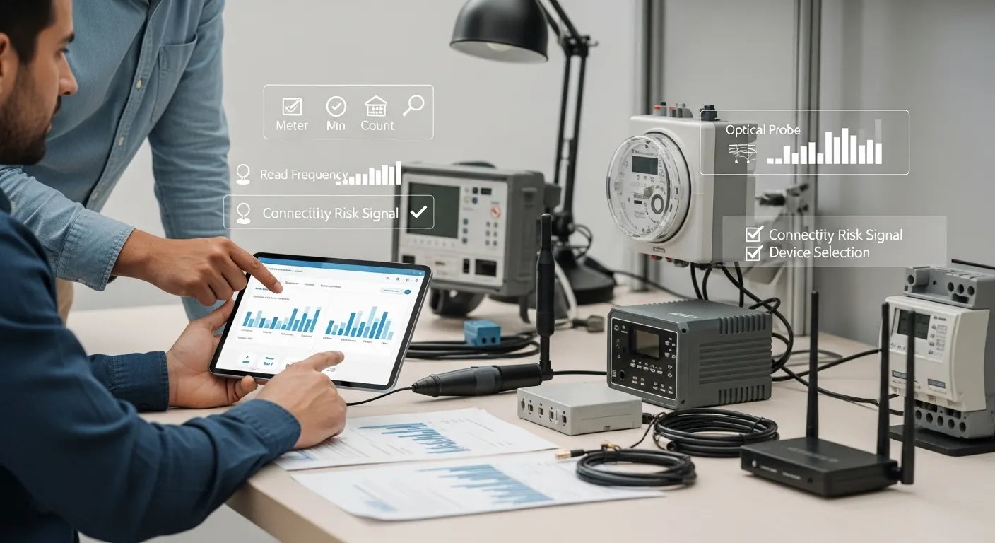 AMR project sizing workflow with meter count, read frequency, connectivity risk, and device selection