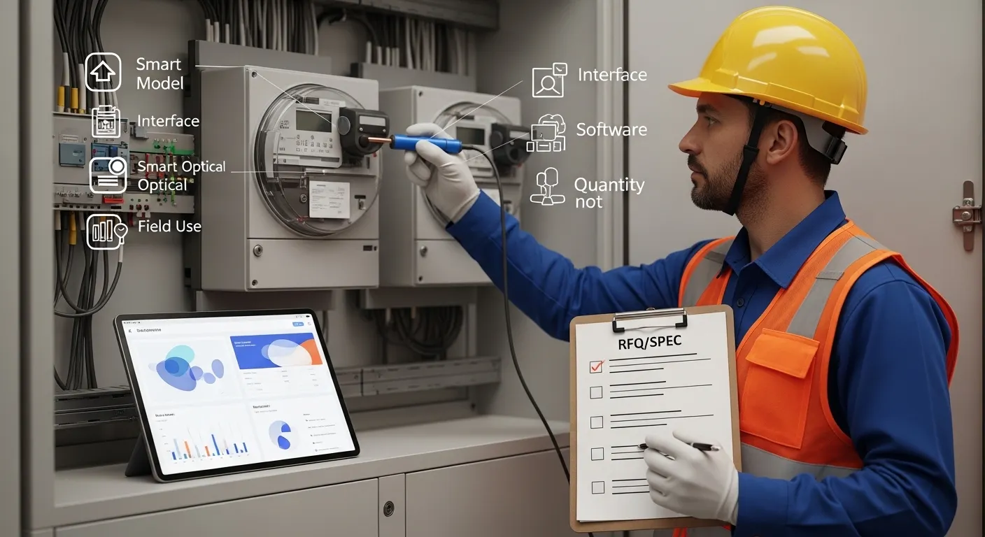 Engineer using a smart meter optical probe with RFQ checklist for meter model, interface, software, and field application details.