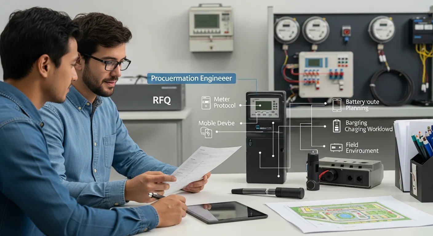 Engineers preparing RFQ details for a Bluetooth optical probe meter reading project
