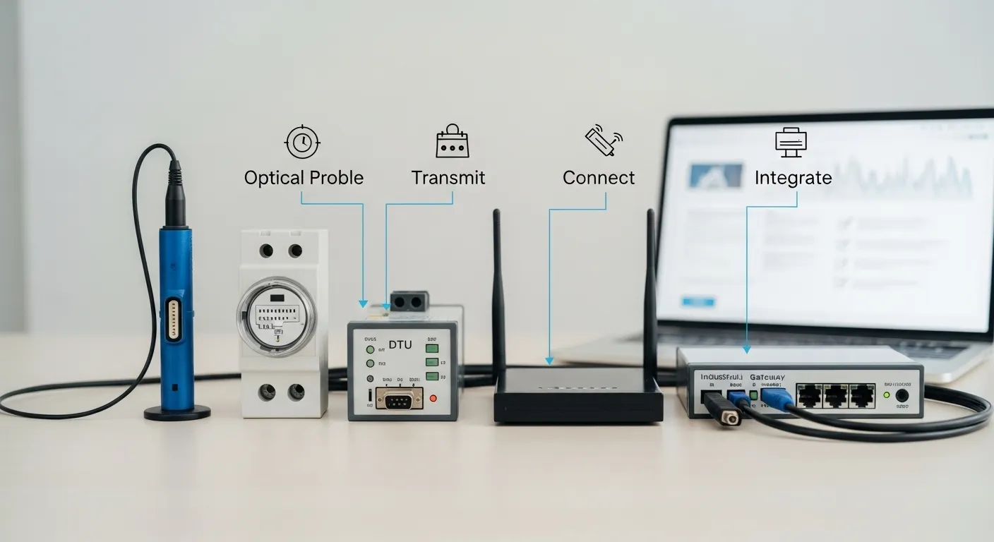 AMI device selection visual comparing optical probe, DTU, industrial router, and gateway for smart metering projects