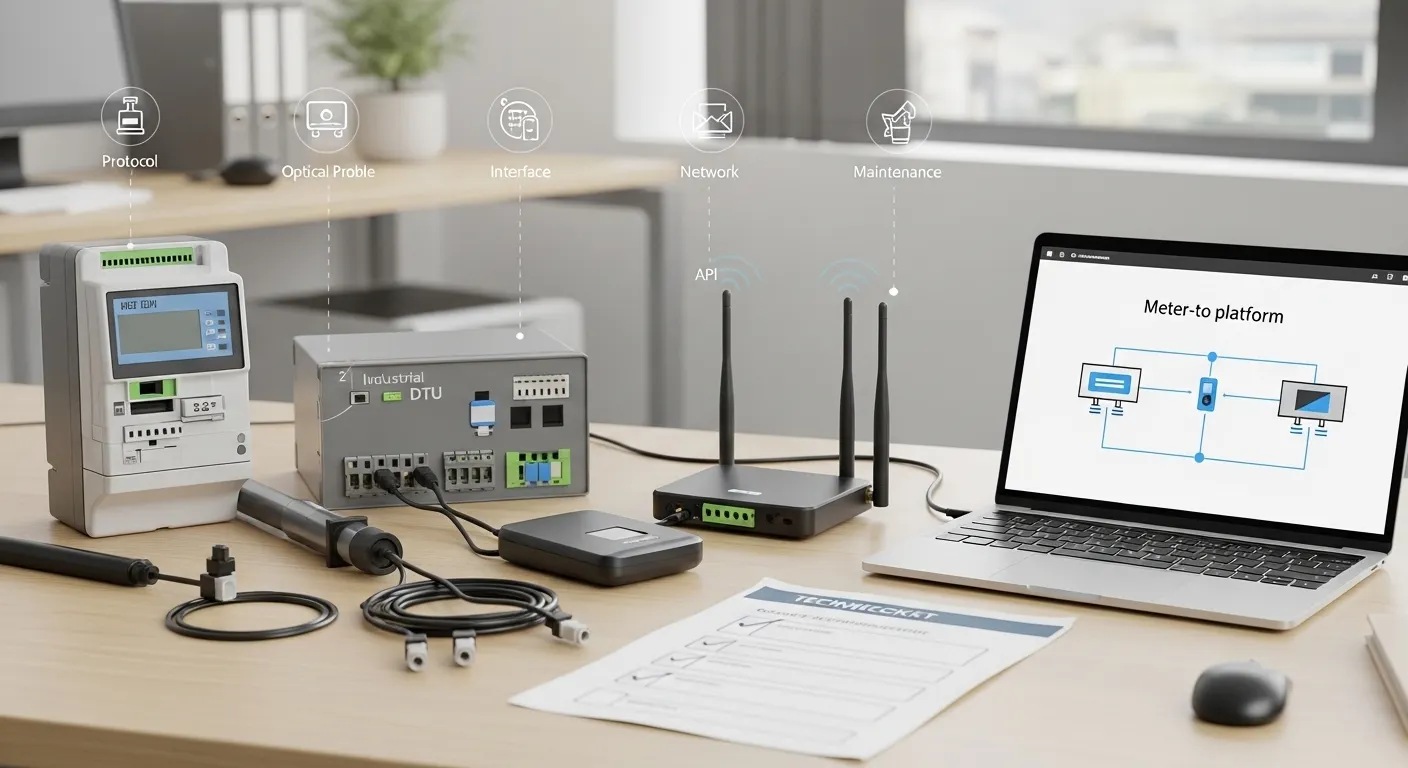 Procurement checklist with smart meter, optical probe, DTU, router, gateway, and laptop for smart meter RFQ planning