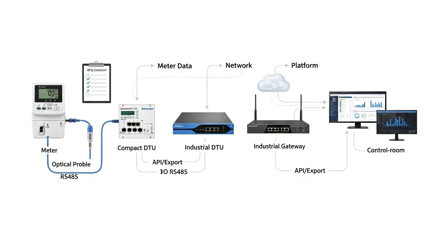 Smart meter data workflow from meter to DTU, router, gateway, and platform dashboard for RFQ planning