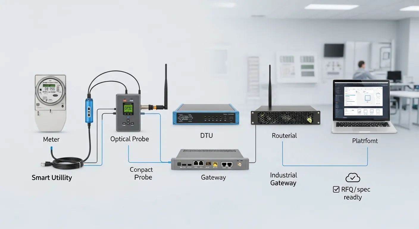 Smart metering AMI kit workflow with meter, optical probe, DTU, router, gateway, and platform connection